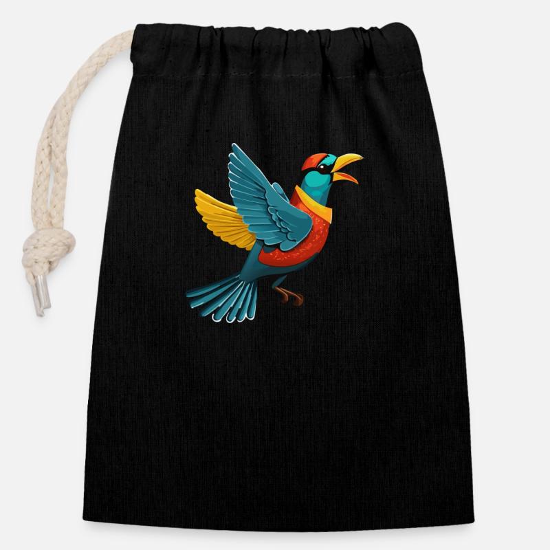 Oiseau tropical (Collection d’animaux magiques) - Sac cadeau en coton avec cordon (14 x 20 cm) - noir