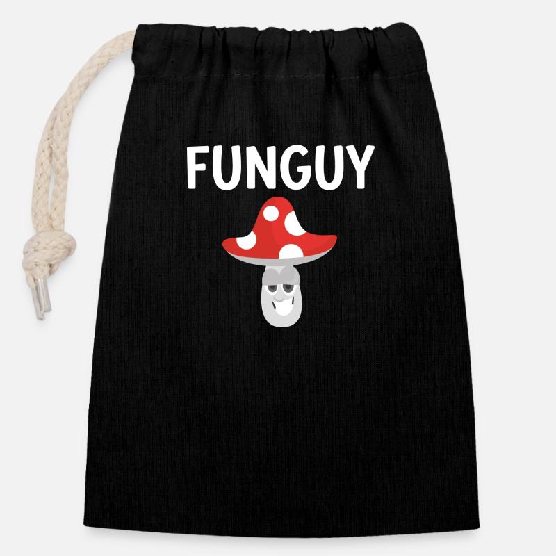 Fun guy funny T shirt Screenprinted Mushroom Humor - Closable cotton gift bag (14x20cm) - black