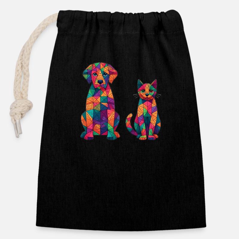 Abstrait Chien et Chat - Animaux de compagnie - Sac cadeau en coton avec cordon (14 x 20 cm) - noir