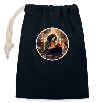 Femme lisant - Sac cadeau en coton avec cordon (14 x 20 cm) - bleu marine - Devant