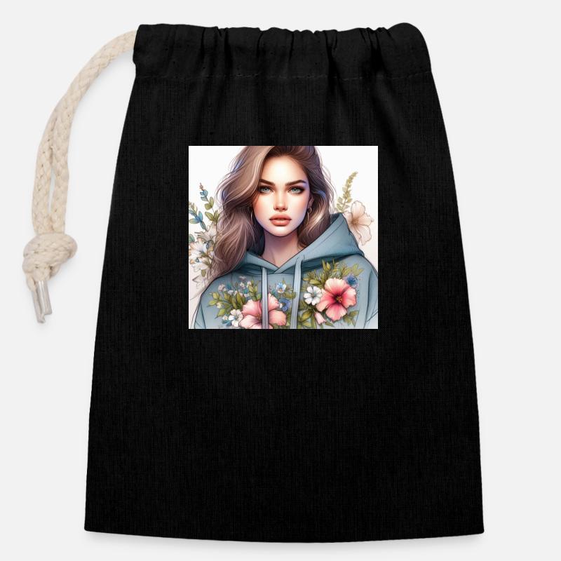 Fille en sweat-shirt. - Sac cadeau en coton avec cordon (14 x 20 cm) - noir