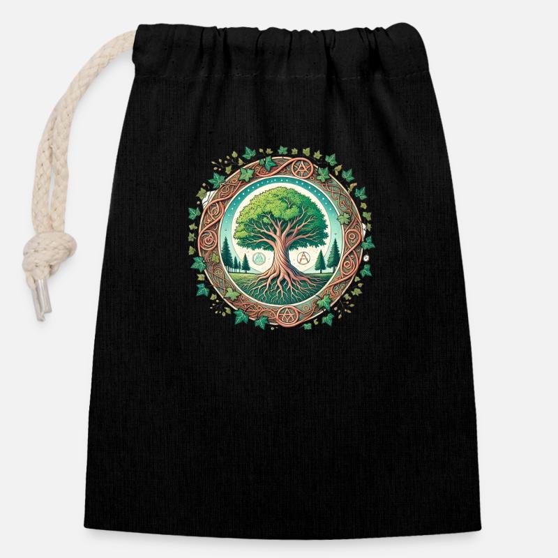 Arbre de vie - Sac cadeau en coton avec cordon (14 x 20 cm) - noir