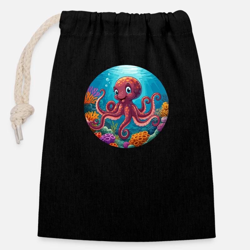 Oktopus in der Koralle - Verschließbarer Geschenkbeutel aus Baumwolle (14x20cm) - Schwarz