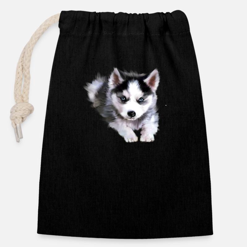 Hund, Husky - Verschließbarer Geschenkbeutel aus Baumwolle (14x20cm) - Schwarz