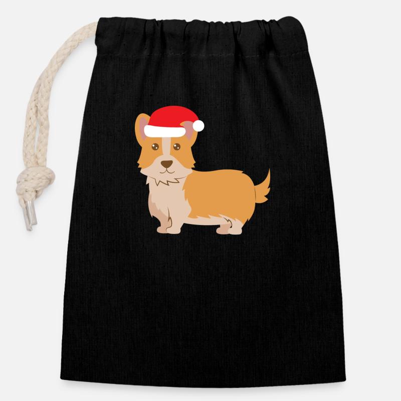 Dog Lovers Christmas Hat Welsh Corgi Pembrok - Sac cadeau en coton avec cordon (14 x 20 cm) - noir