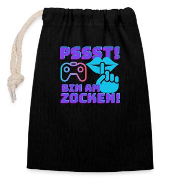 Pssst bin am zocken Gamer Geschenk - Verschließbarer Geschenkbeutel aus Baumwolle (14x20cm) - Schwarz - Vorne