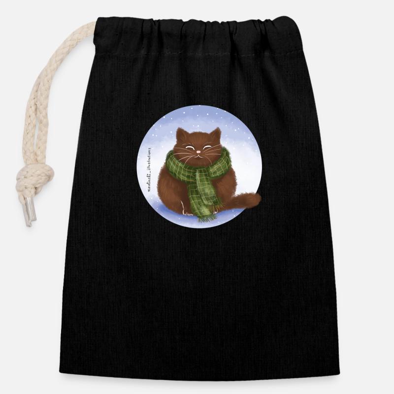 Chat Hiver - Sac cadeau en coton avec cordon (14 x 20 cm) - noir