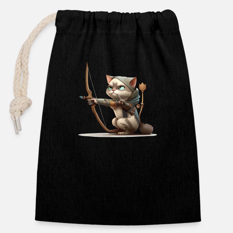 Miko le chat au tir à ll arc - Sac cadeau en coton avec cordon (14 x 20 cm) - noir