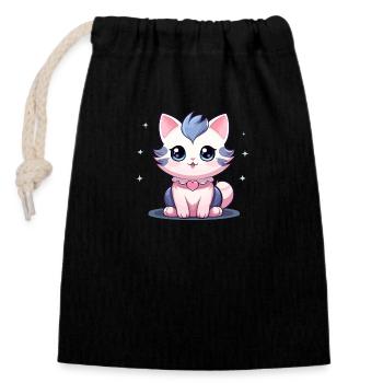 Chat - Style Kawaii - Sac cadeau en coton avec cordon (14 x 20 cm) - noir - Devant