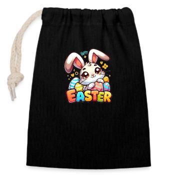 Joyeuses Pâques - Illustration de lapin de Pâques - Sac cadeau en coton avec cordon (14 x 20 cm) - noir - Devant