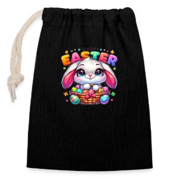 Joyeuses Pâques - Illustration de lapin de Pâques - Sac cadeau en coton avec cordon (14 x 20 cm) - noir - Devant