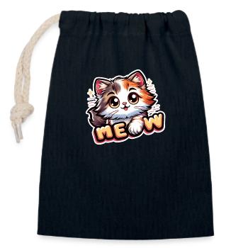 Miaou - Illustration de chat - Sac cadeau en coton avec cordon (14 x 20 cm) - bleu marine - Devant