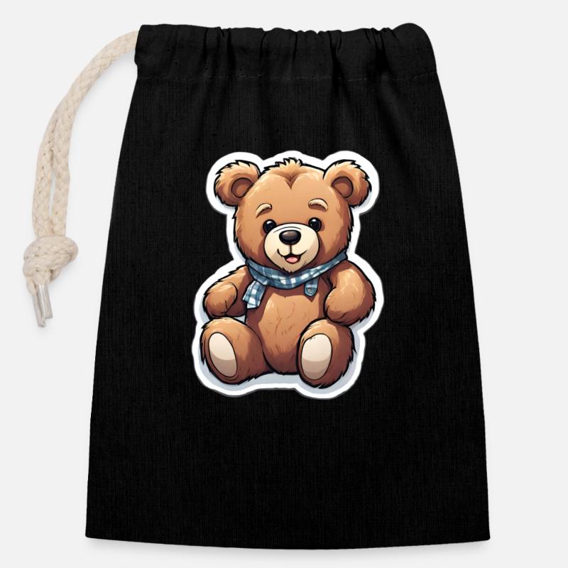 Kuscheliger Teddy mit Halstuch - Verschließbarer Geschenkbeutel aus Baumwolle (14x20cm) - Schwarz