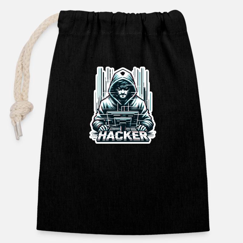Hacker - Illustration - Verschließbarer Geschenkbeutel aus Baumwolle (14x20cm) - Schwarz