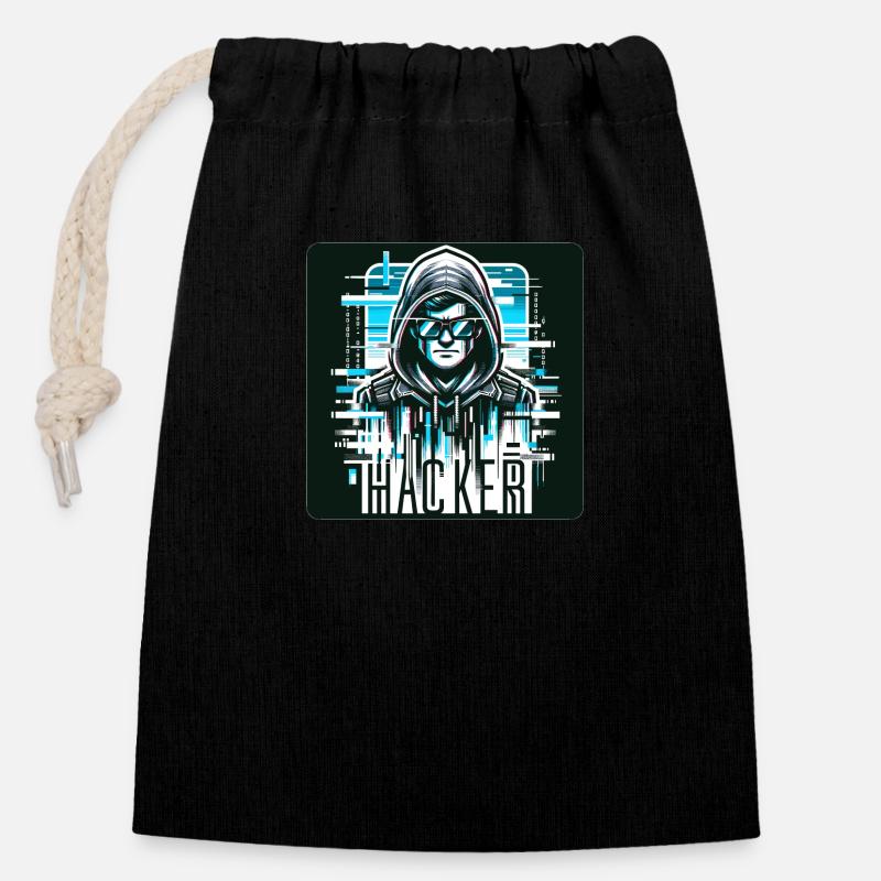 Hacker - Illustration - Verschließbarer Geschenkbeutel aus Baumwolle (14x20cm) - Schwarz