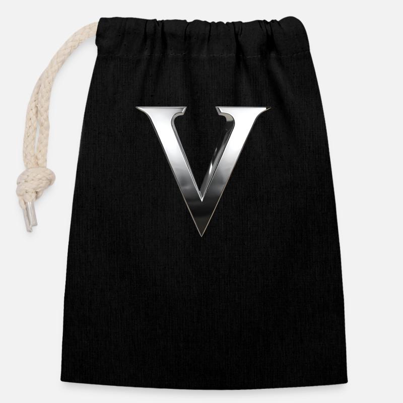 Chrome ,, V " Métallisé - Sac cadeau en coton avec cordon (14 x 20 cm) - noir