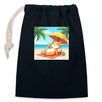Chat sur la plage au soleil avec boisson - dessin animé - Sac cadeau en coton avec cordon (14 x 20 cm) - bleu marine - Devant