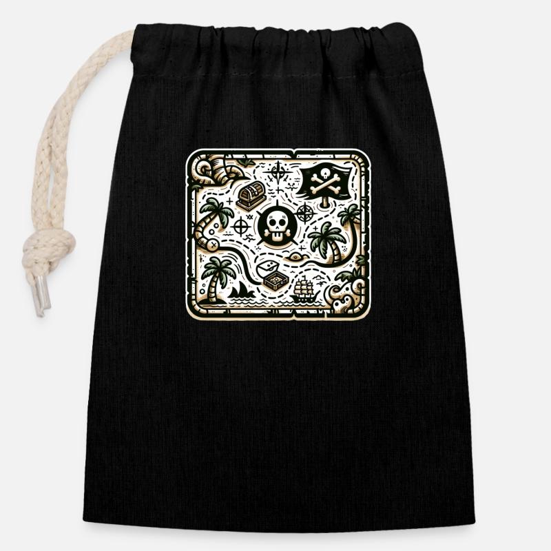 Carte au trésor - Sac cadeau en coton avec cordon (14 x 20 cm) - noir