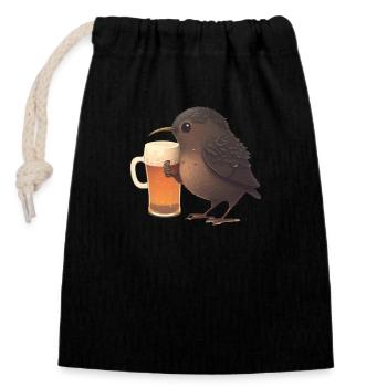 Cute bird drinks a big glass of beer - Closable cotton gift bag (14x20cm) - black - Front