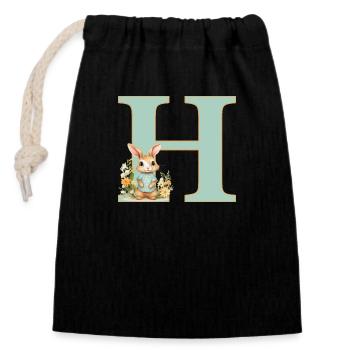 Lettre H, Monogramme, Fleurs, Lapin - Sac cadeau en coton avec cordon (14 x 20 cm) - noir - Devant