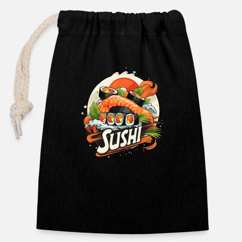 Une sélection élégante de sushis - Sac cadeau en coton avec cordon (14 x 20 cm) - noir