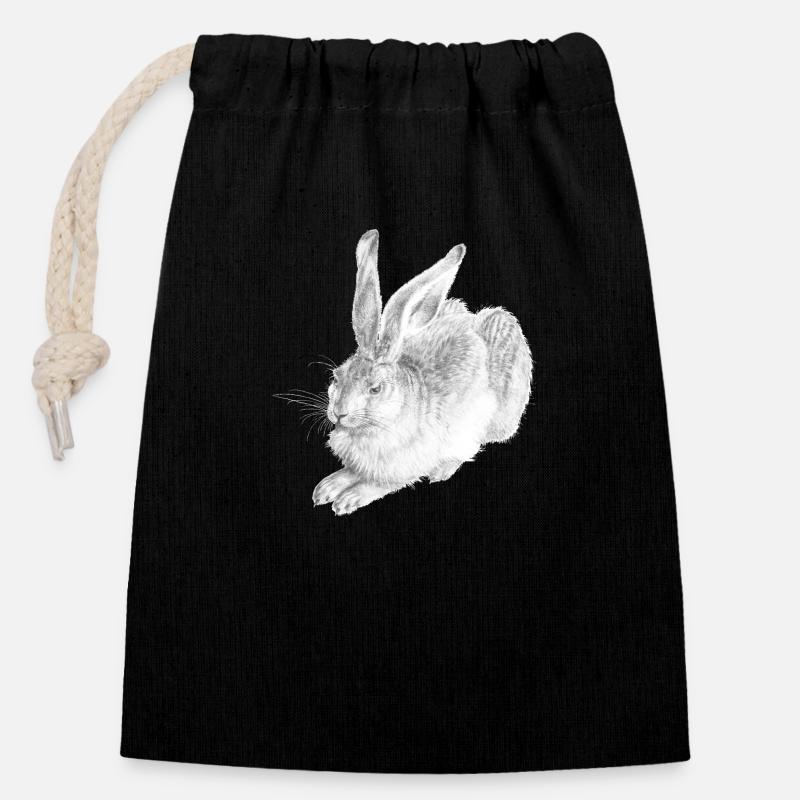 WHITE RABBIT | Schneehase nach Albrecht Dürer - Verschließbarer Geschenkbeutel aus Baumwolle (14x20cm) - Schwarz