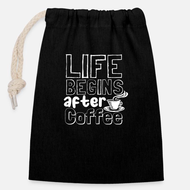 La vie commence après le café - Sac cadeau en coton avec cordon (14 x 20 cm) - noir