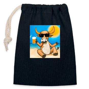 Bull with sunglasses and beer on the golden beach - Closable cotton gift bag (14x20cm) - navy - Front