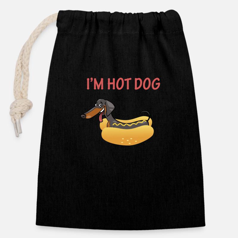 Dackel - Hot Dog - Verschließbarer Geschenkbeutel aus Baumwolle (14x20cm) - Schwarz