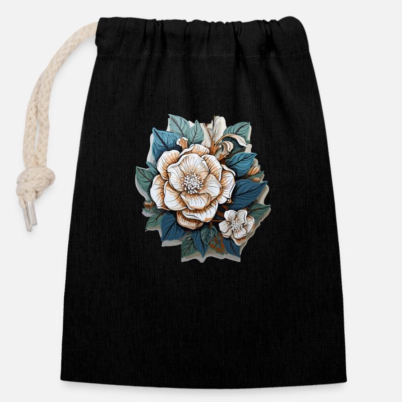 White flowers - Closable cotton gift bag (14x20cm) - black
