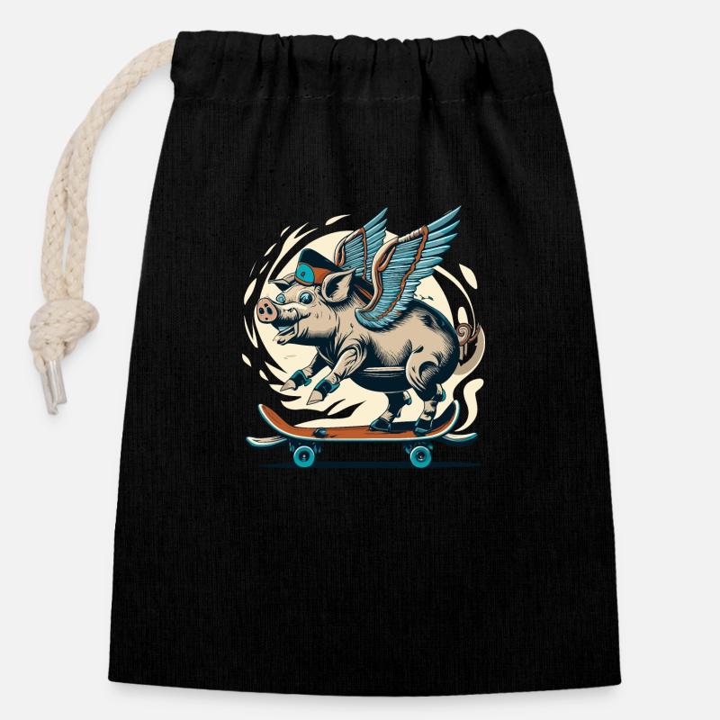 Pig on deck - Closable cotton gift bag (14x20cm) - black