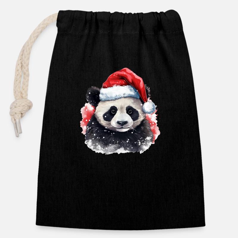 Panda avec chapeau de Père Noël Panda Bear Noël - Sac cadeau en coton avec cordon (14 x 20 cm) - noir