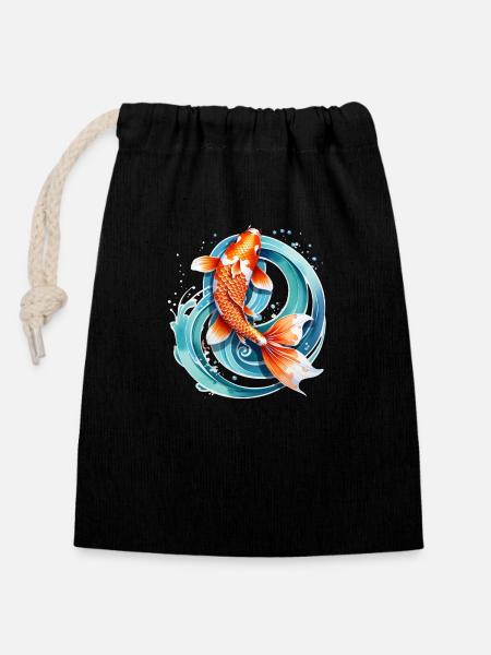 Koi Karpfen - Japanischer Fisch - Verschließbarer Geschenkbeutel aus Baumwolle (14x20cm) - Schwarz