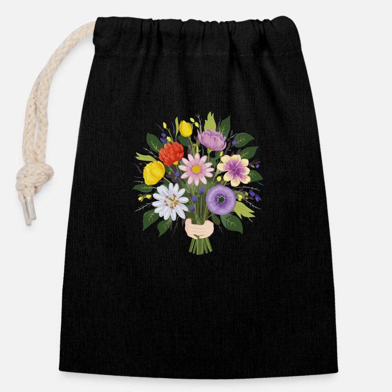 Bouquet de fleurs de jardin - Sac cadeau en coton avec cordon (14 x 20 cm) - noir