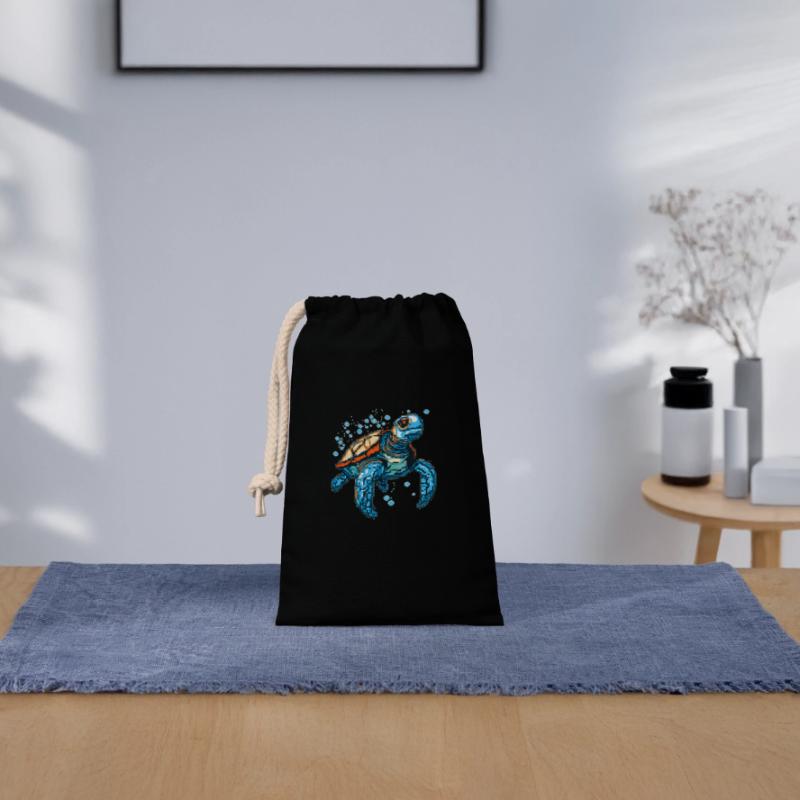 Turtle in 8 bit retro game graphics Closable cotton gift bag (14x20cm)