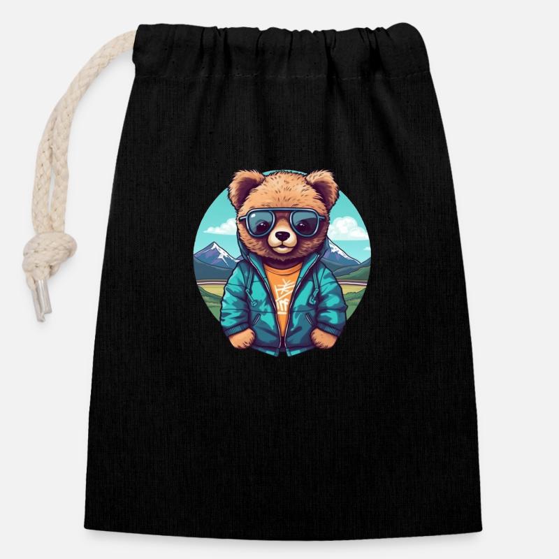 Ours cool - Sac cadeau en coton avec cordon (14 x 20 cm) - noir
