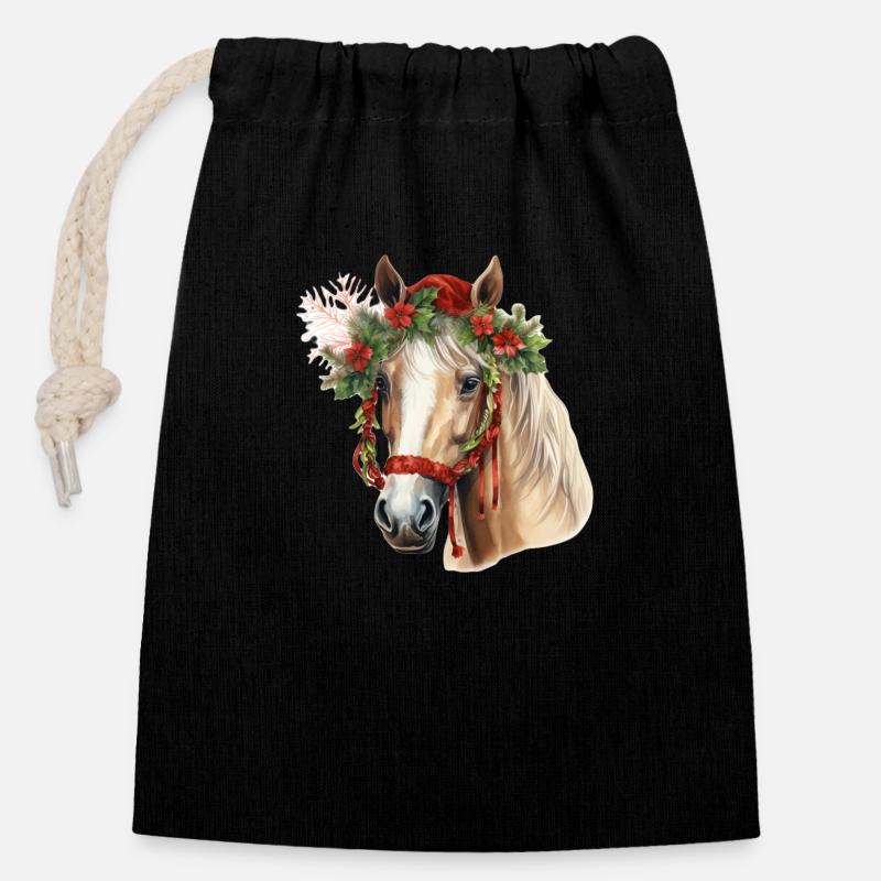 Pferd mit Weihnachtsmütze, T-Shirt, Tasse - Verschließbarer Geschenkbeutel aus Baumwolle (14x20cm) - Schwarz
