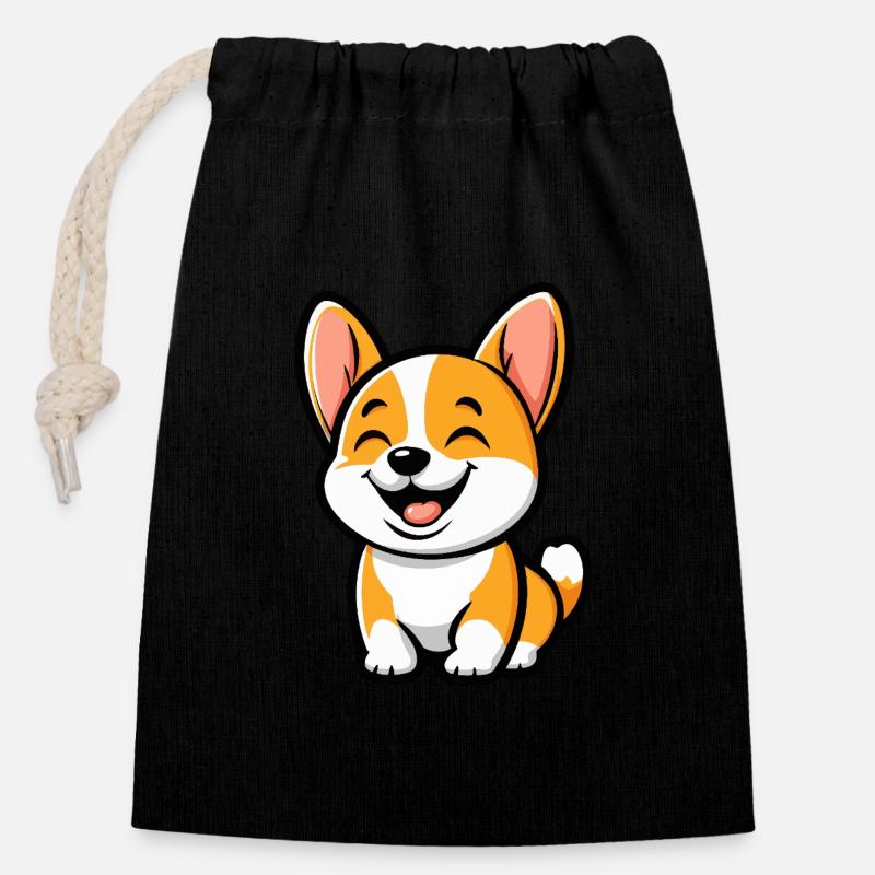 Chien Corgi Mignon - Sac cadeau en coton avec cordon (14 x 20 cm) - noir