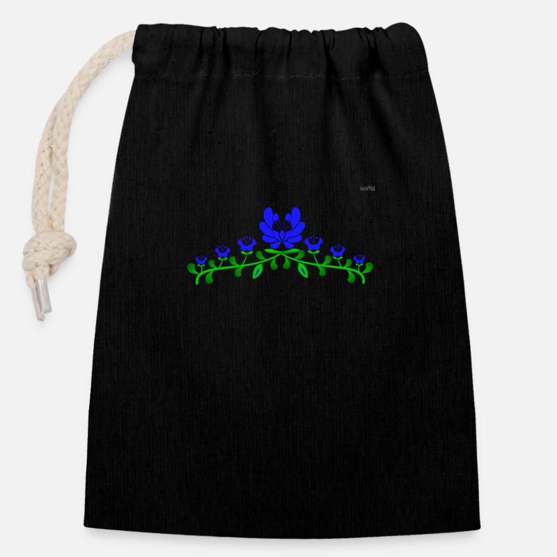 Blue folk art motive #5 - Closable cotton gift bag (14x20cm) - black