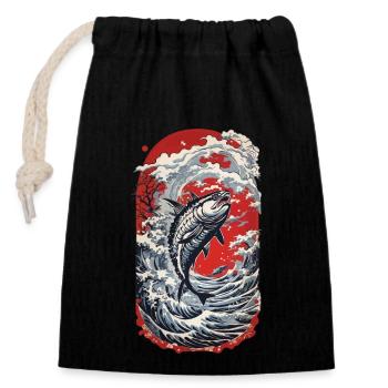 Japan Tunfisch Angeln Ukiyo-E Wellen Kunst - Verschließbarer Geschenkbeutel aus Baumwolle (14x20cm) - Schwarz - Vorne