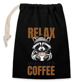 Relax and have a cup of coffee - Barista Waschbär - Verschließbarer Geschenkbeutel aus Baumwolle (14x20cm) - Schwarz - Vorne
