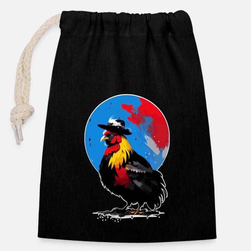 Coq avec chapeau - Sac cadeau en coton avec cordon (14 x 20 cm) - noir