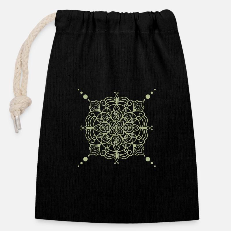 Style Mandala - vert - Sac cadeau en coton avec cordon (14 x 20 cm) - noir