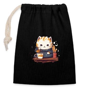 Chat de café - Sac cadeau en coton avec cordon (14 x 20 cm) - noir - Devant