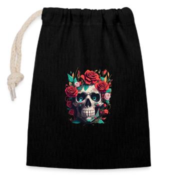 Schädel mit Rosen im Gothic Design - Verschließbarer Geschenkbeutel aus Baumwolle (14x20cm) - Schwarz - Vorne