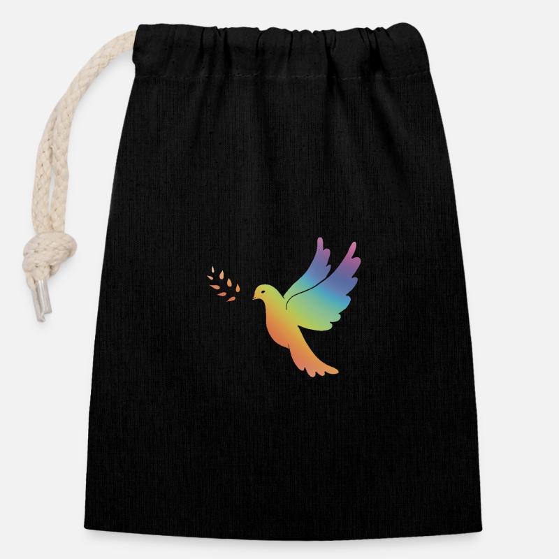 Rainbow Dove - Symbol of Peace - Closable cotton gift bag (14x20cm) - black