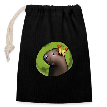 Petit capybara avec papillon - Sac cadeau en coton avec cordon (14 x 20 cm) - noir - Devant