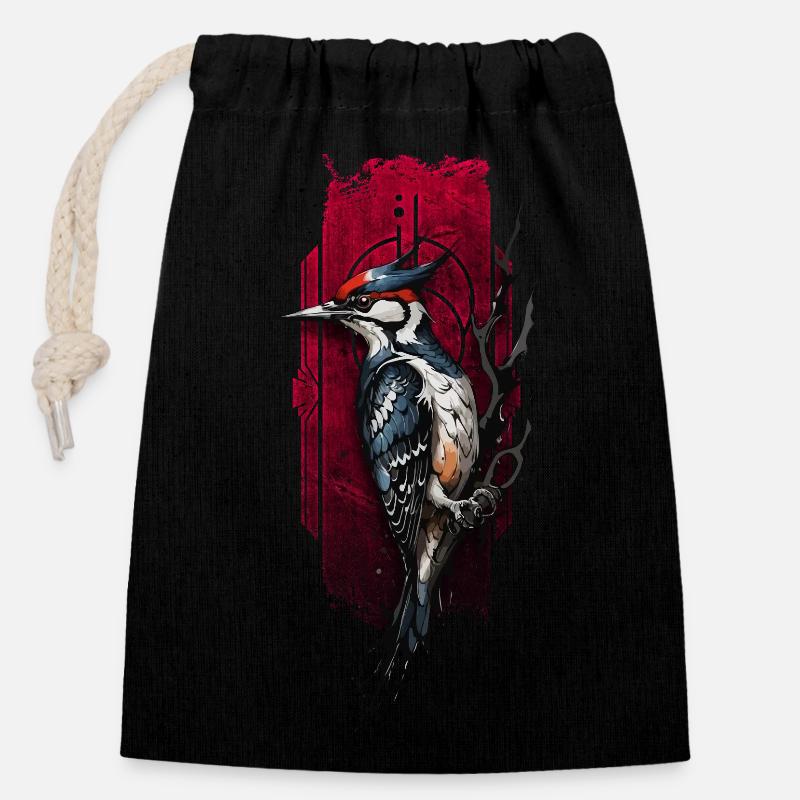 Oiseau pic vibrant - Sac cadeau en coton avec cordon (14 x 20 cm) - noir