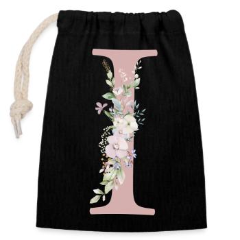 I Monogram, Floral, Personnalisable - Sac cadeau en coton avec cordon (14 x 20 cm) - noir - Devant