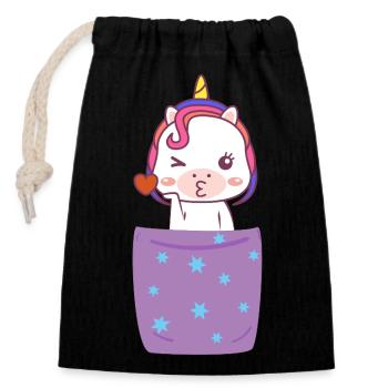 Einhorn in Brusttasche - Verschließbarer Geschenkbeutel aus Baumwolle (14x20cm) - Schwarz - Vorne
